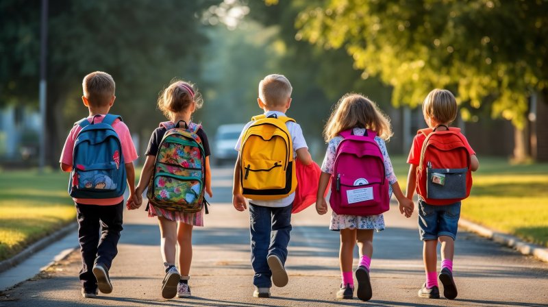 A line of children with backpacks walking to school together
