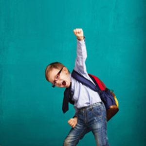A child cheering to celebrate their academic success.