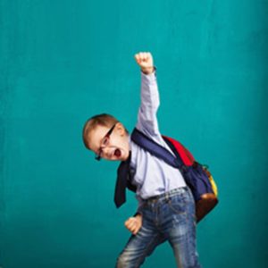 A child cheering to celebrate their academic success.